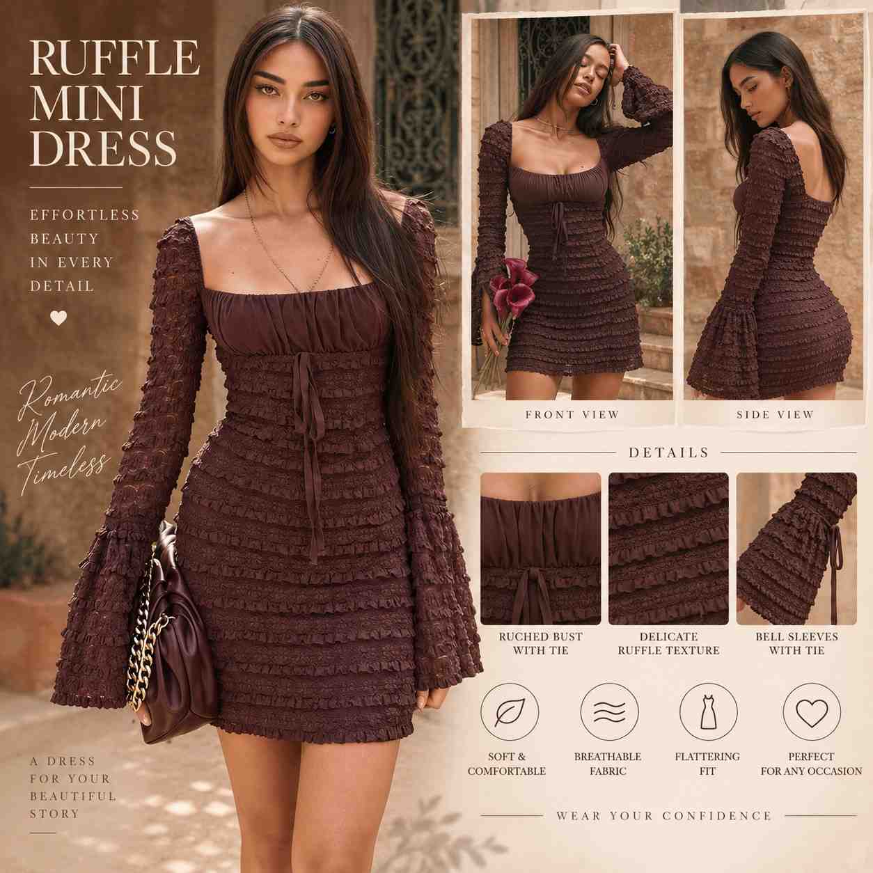Women’s Floral Lace Mini Dress – Drawstring Tie Detail Flare Sleeve Club & Party Dress